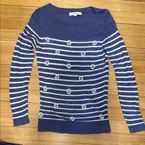 LOFT Navy and White Striped Sweater with Floral Details